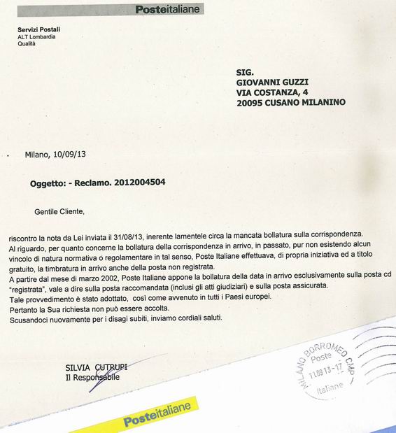Lettera reclamo poste italiane